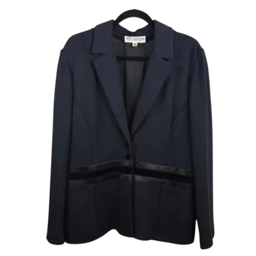 St. John Evening Knit Blazer Black Size 12 Leather Velvet Trim